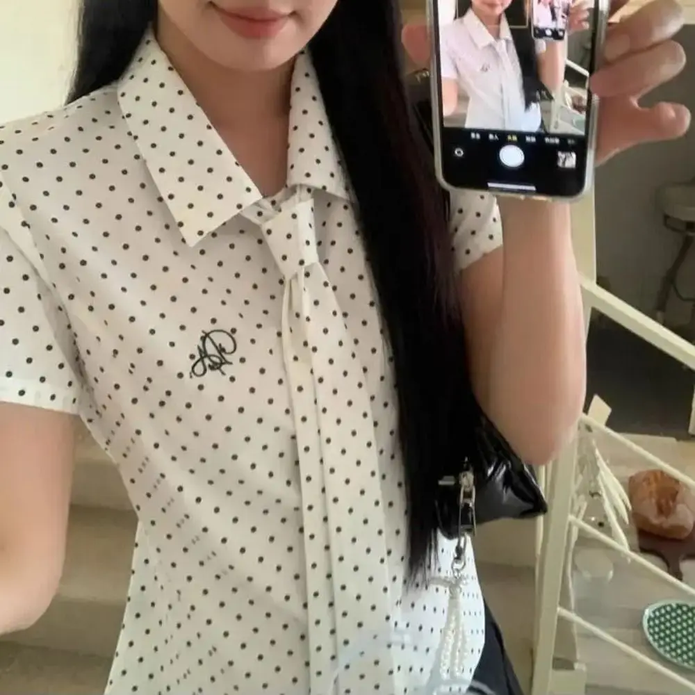 

Casual Short Polka Dot Shirt Korean Style Ruffle Women Polka Dot Blouse Half Circle Design Stripes Long Sleeve Tops Women