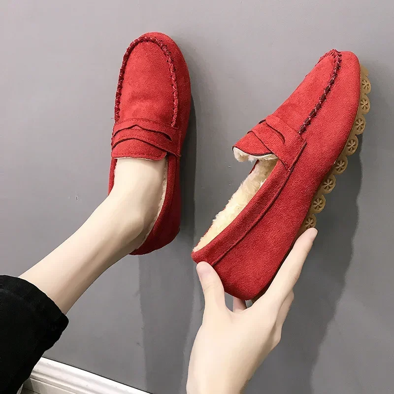 2024 Winter Women Shoes Comfortable Flats Loafers Short Flock Sewing Casual Ladies Non-Slip Bottom Warm Women Oxford Loafers