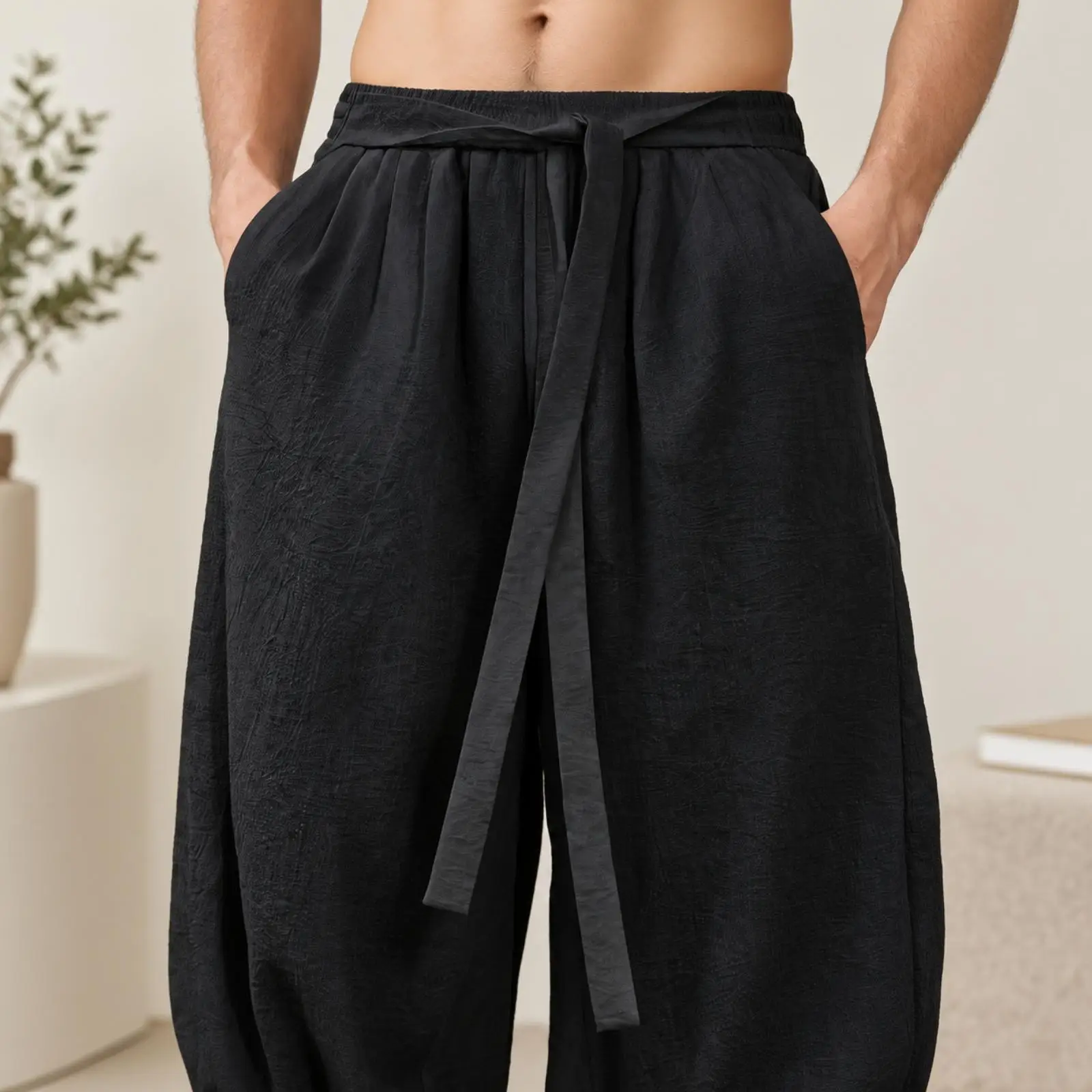 Men Casual Linen Pants Summer Breathable Wide Leg Trousers with Pockets Drawstring Elastic Waist for Beach Vacation Outdoor