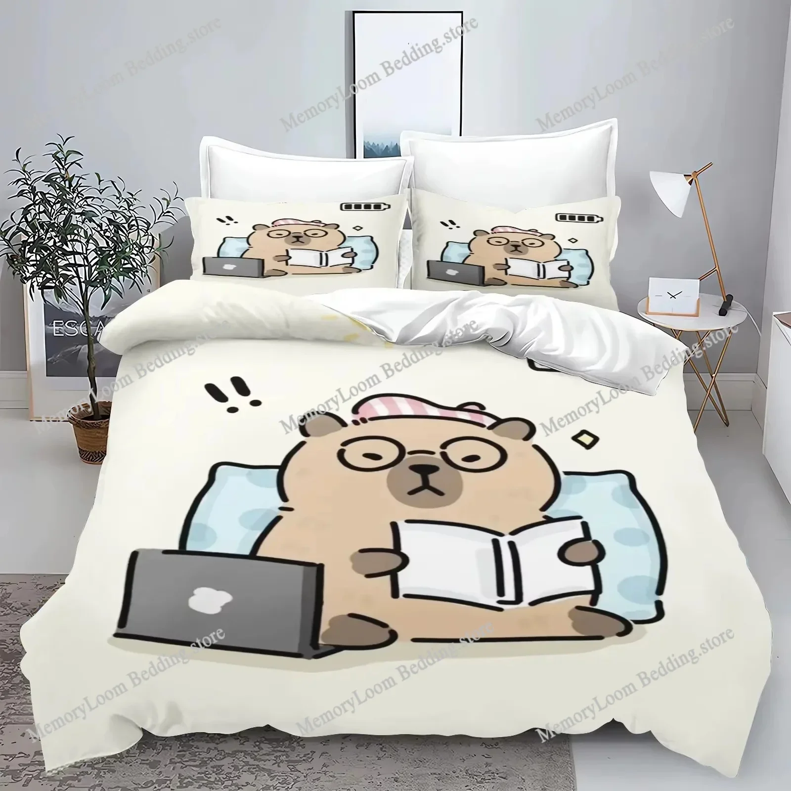 Cartoon Capybara 3D Printed Bedding Set Children's Duvet Cover Pillow Case Set Anime 100_ Polyester Cute Cartoon Home Decoration