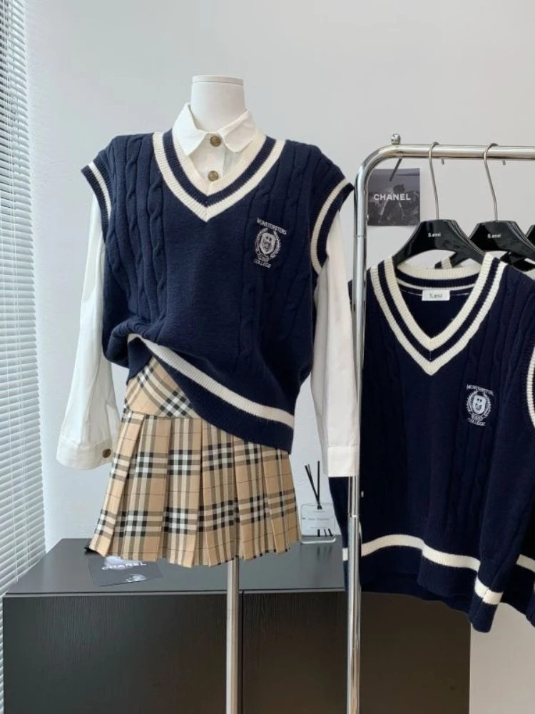 HOUZHOU-suéter de estilo Preppy para mujer, chaleco con cuello en V, Jersey de punto de gran tamaño, sin mangas, moda coreana, informal, Otoño e