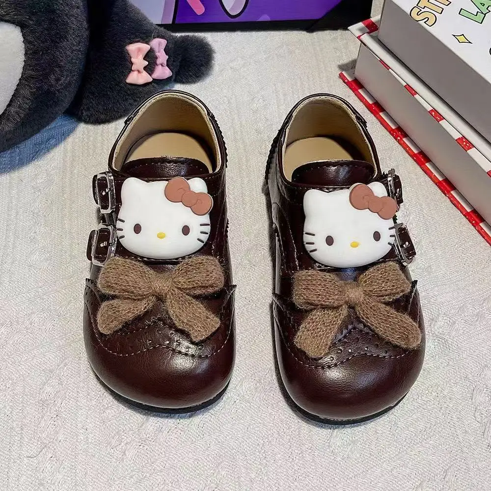r ‌ 실제 사진 2025 신상 편안한 헬로키티 쿠로미 만화 리본 패션 여자아이 어린이 캐주얼 플랫 가죽 신발