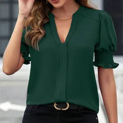 2024 Women's Summer New V-neck Bubble Sleeve Solid Color Shirt Top Office Lady White Pullover Blouses Femme Blusas