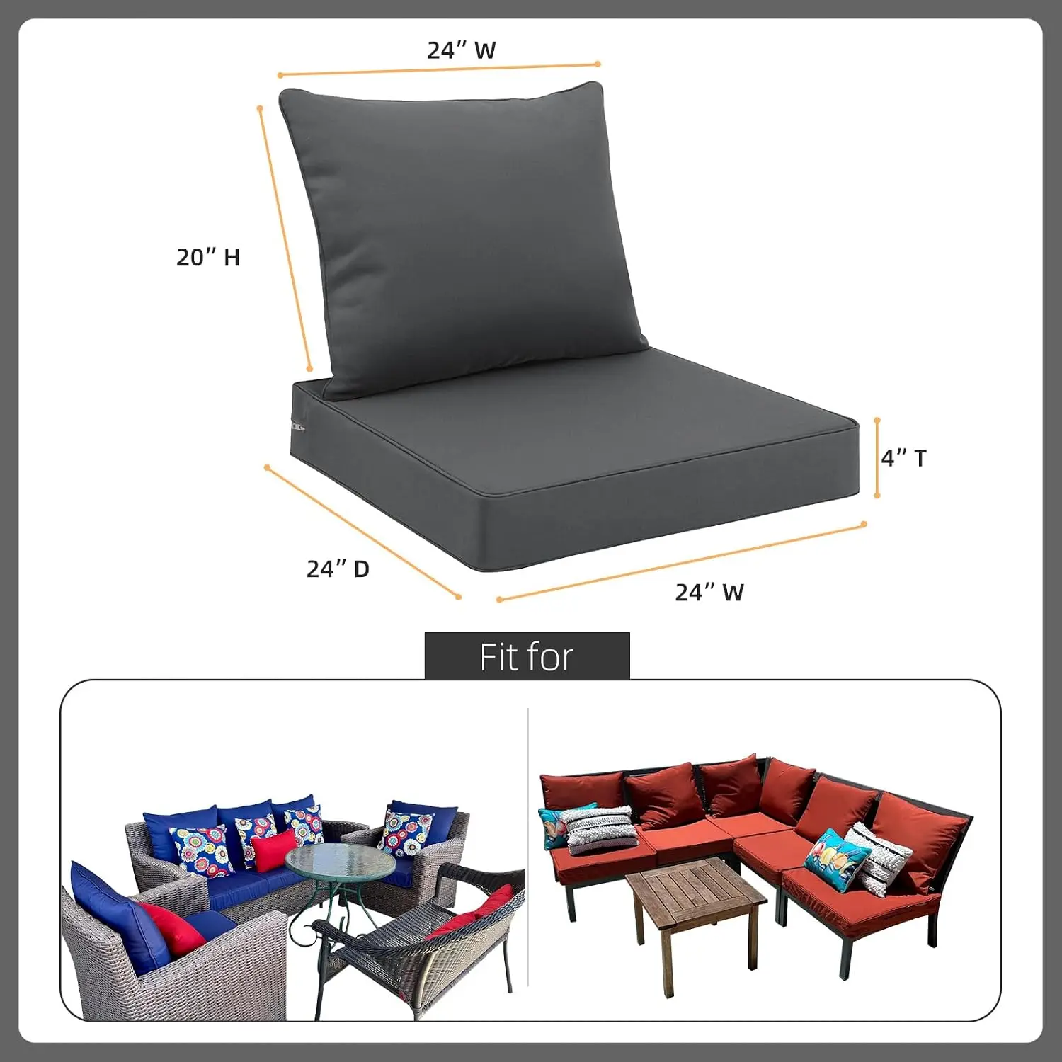 Waterproof Outdoor Patio Seat Cushions Set (24x24