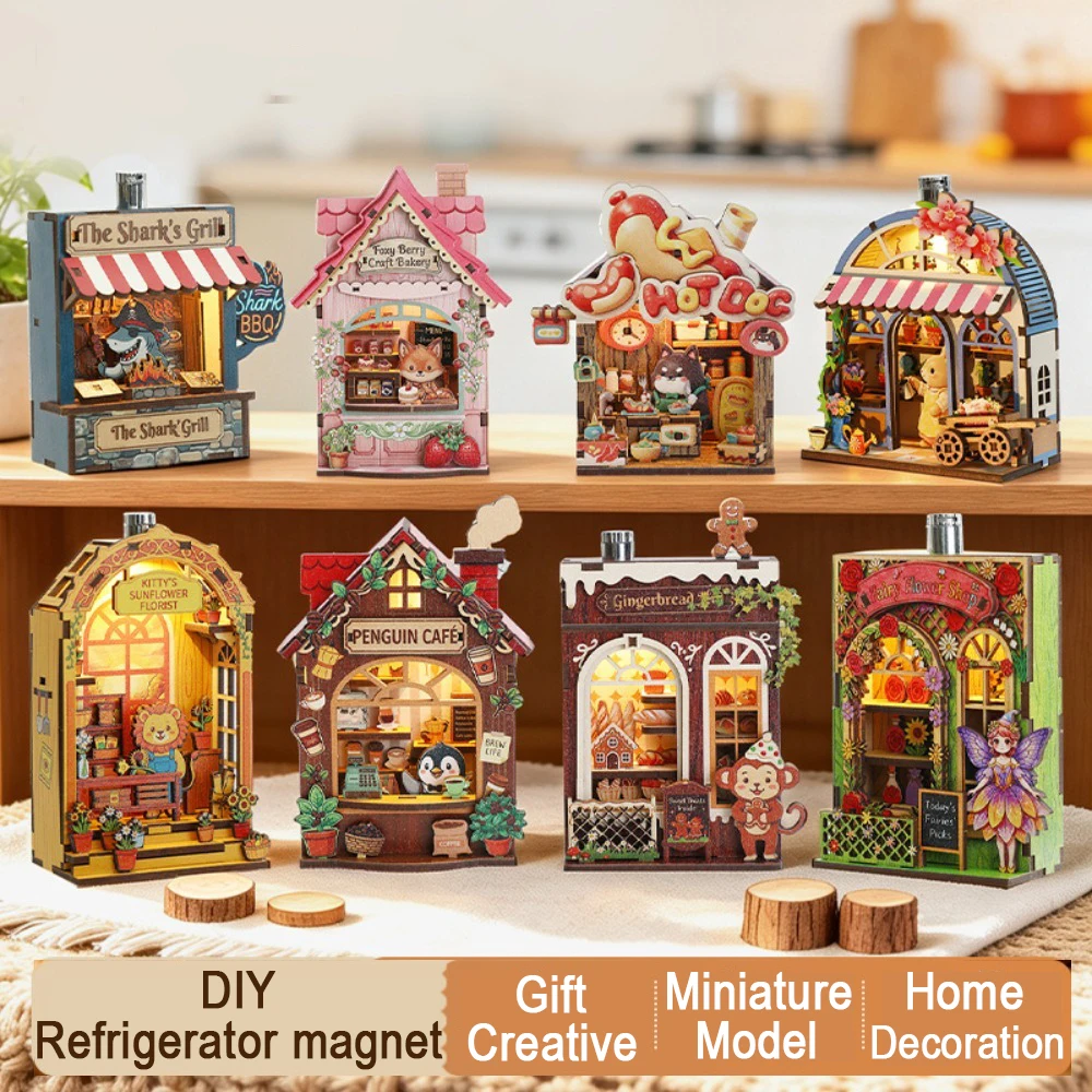 Wooden Assembled Miniature Scene Refrigerator Sticker DIY 3D Puzzle Pure Manual Assembly Model Ornament Birthday Gifts