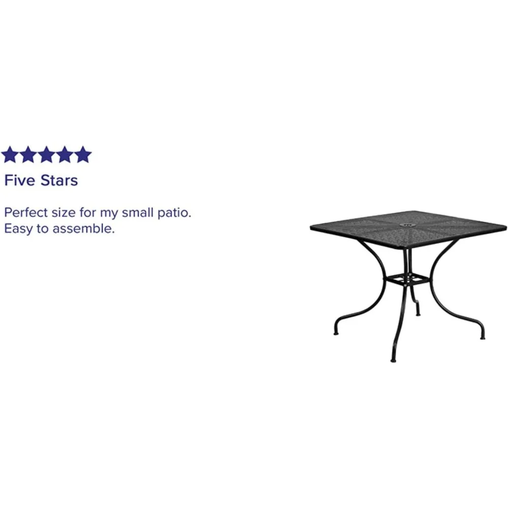 Flash Furniture Oia طاولة فناء فولاذية مربعة سوداء اللون للاستخدام الداخلي والخارجي مع فتحة مظلة