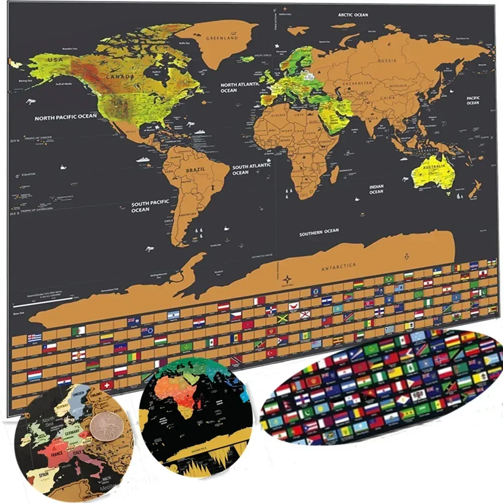 Personalized Travel Scratch Off Mapss With National Flag - Deluxe Global Scratch Mapss with Your Own Travel Memories and Notes