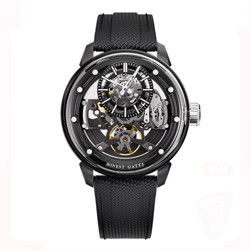 BONEST GATTI Men Automatic Watch Mechanical Wristwatch Luminous Sapphire Mirror 50m Waterproof Skeleton Dial Quick Release Strap