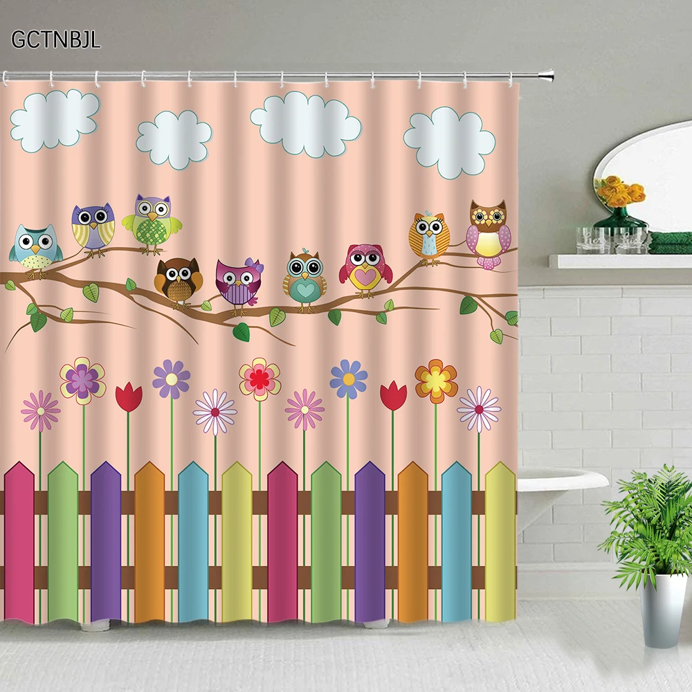 Cartoon Animal Shower Curtain Set Cute Alpaca Owl Flamingo 3d Printing Waterproof Children Bathroom Home Decor Hanging Curtains