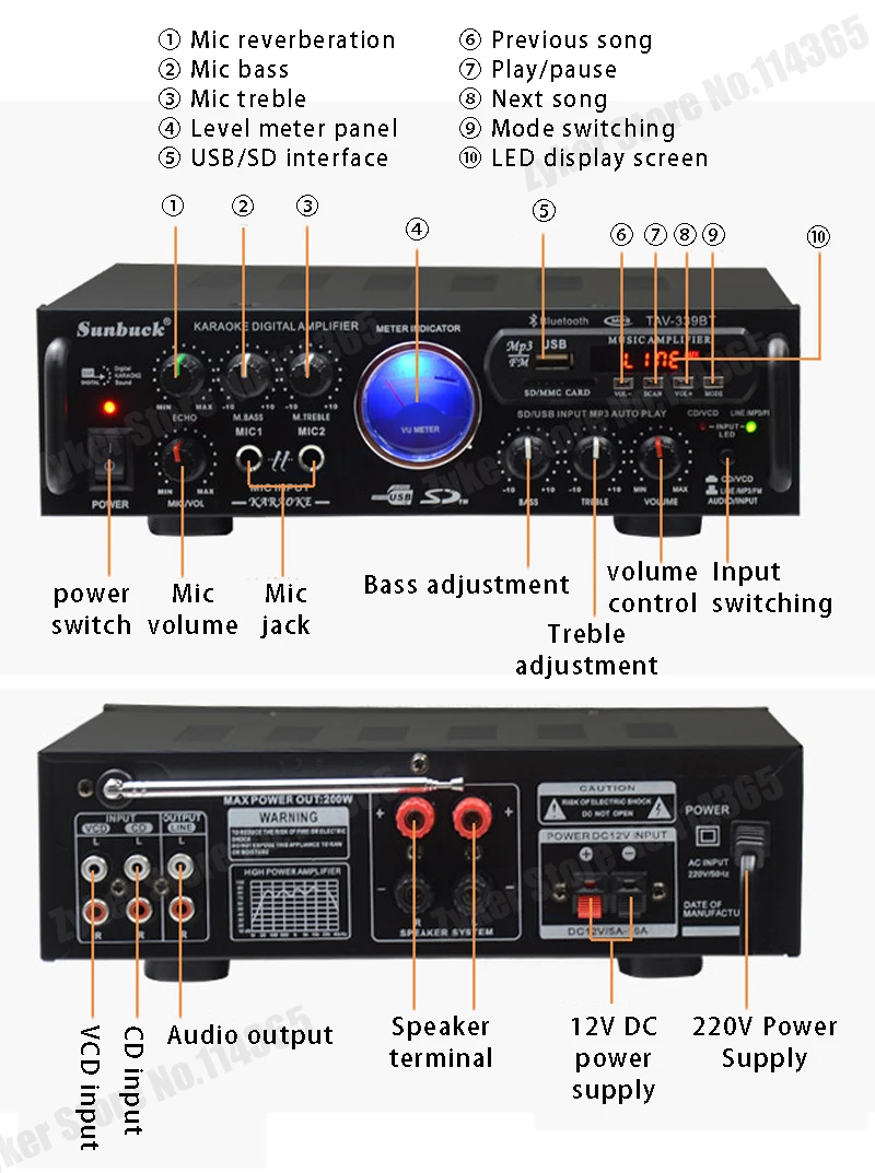 339BT HiFi Sound Stereo Digital Bluetooth Amplifier Pointer Dial Screen 110V/220V 12V AMP For Home Car Meeting Karaoke Max 2400W