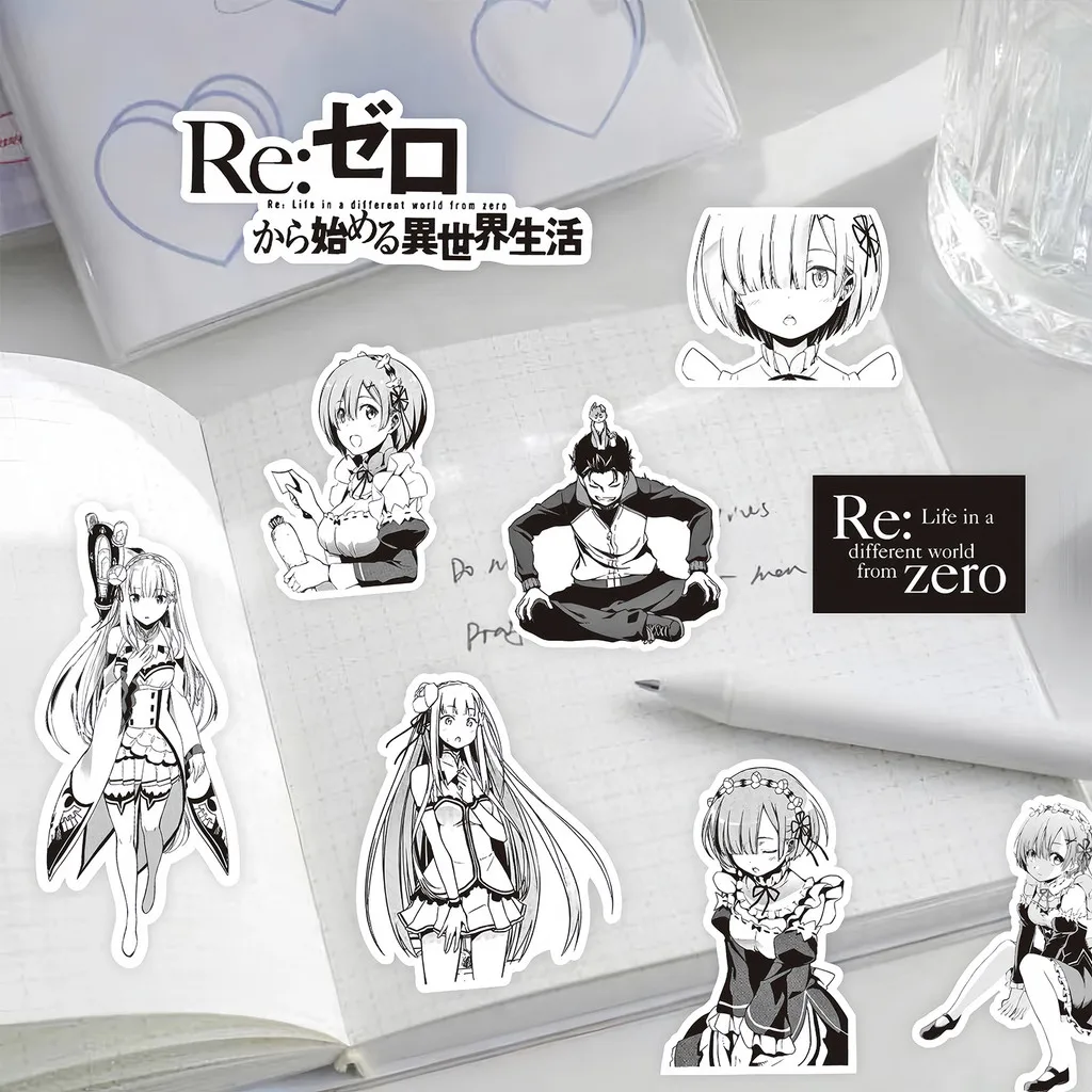 75 قطعة إعادة: حزمة ملصقات Zero - شارات Rem & Emilia باللون الأسود والأبيض للمجلات والمذكرات (متجر Anime Worlds)