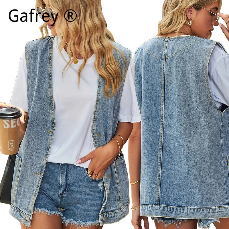 

Plus Size Oversized Denim Vest Loose Fit Sleeveless Jean Jacket Summer Casual Big Pockets Washed Blue Outerwear 2026 New