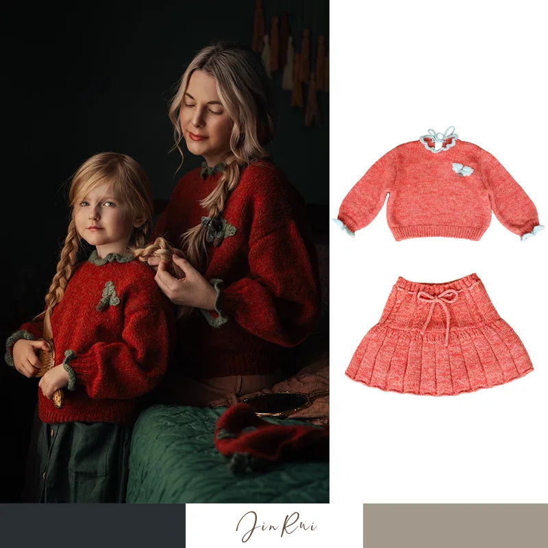 

2025aw, новый осенний трикотаж для девочек, свитер, юбки, корейский розовый свитер с цветочным принтом для маленьких девочек, платье принцессы для маленьких детей