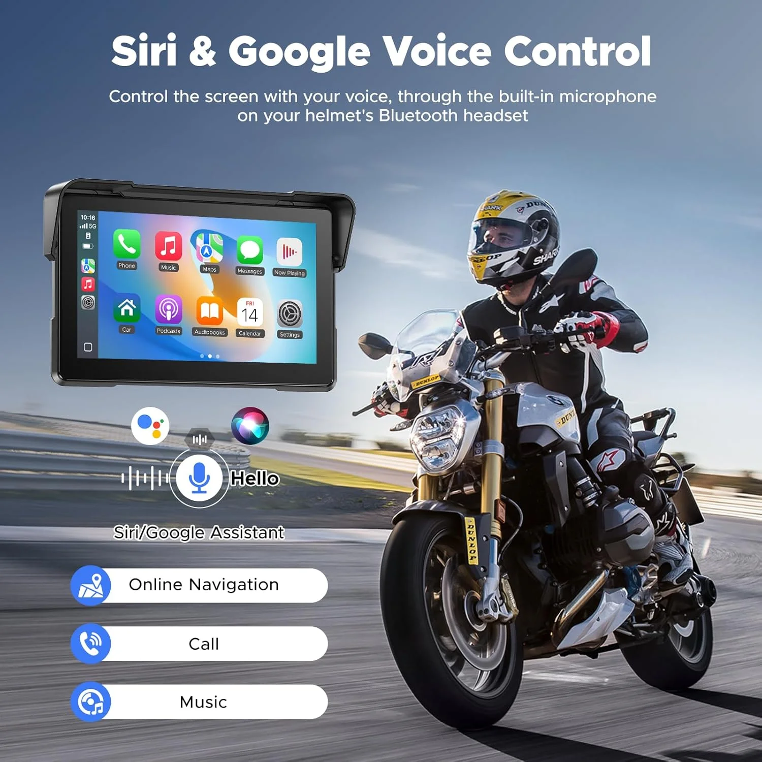 Portable 7" Motorcycle GPS Navigation Carplay Screen 2K DVR Wireless Android Auto Moto Monitor IPX7 Waterproof Dual Bluetooth