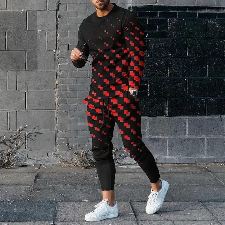 Camisetas y pantalones de manga larga para hombre, conjunto de dos piezas con estampado geométrico en 3D, traje informal, nike tech, forro polar