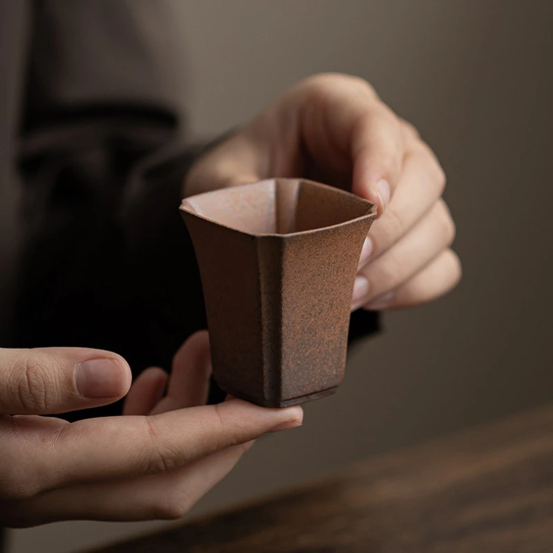 Chinese Retro Master Cup Small Capacity Household Tea Cup Coarse Pottery Tea Cup and Wind Cup Square Tea Cup