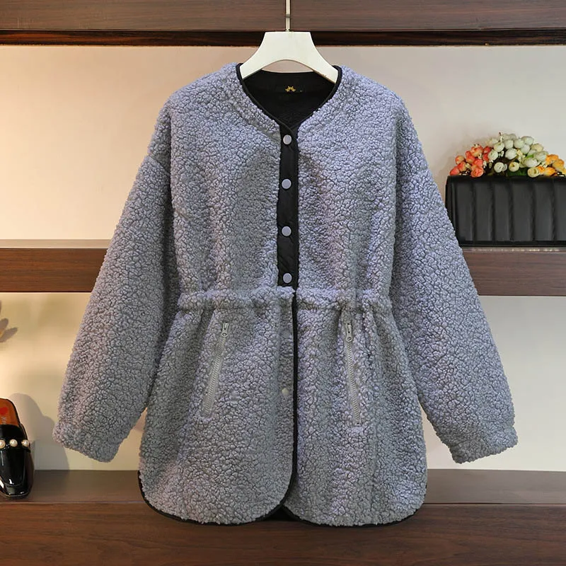 

150Kg Plus Size Women's Bust 158 Winter Loose Imitation Lamb Wool Jacket Waist V-Neck Coat Blue 6XL 7XL 8XL 9XL 10XL