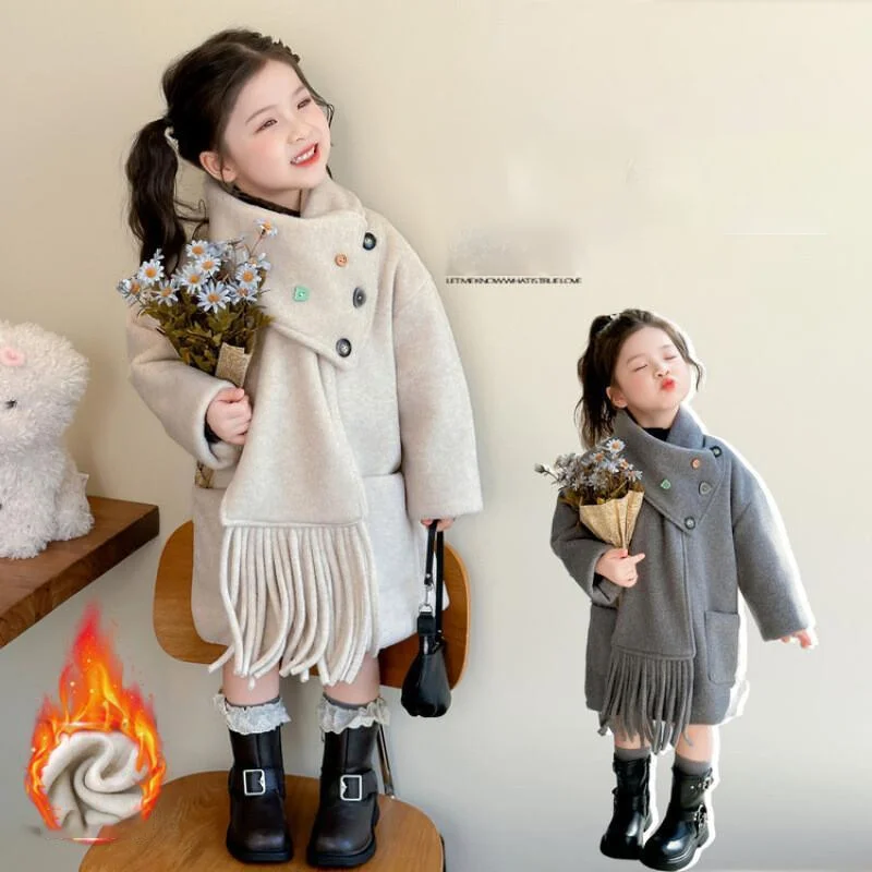 Hot Wool Woolen Mid-Length Coat 2025 Autumn Winter New Children's Double Sided Cashmere Scarf Girls Tops Korean Clothes Kids Fur