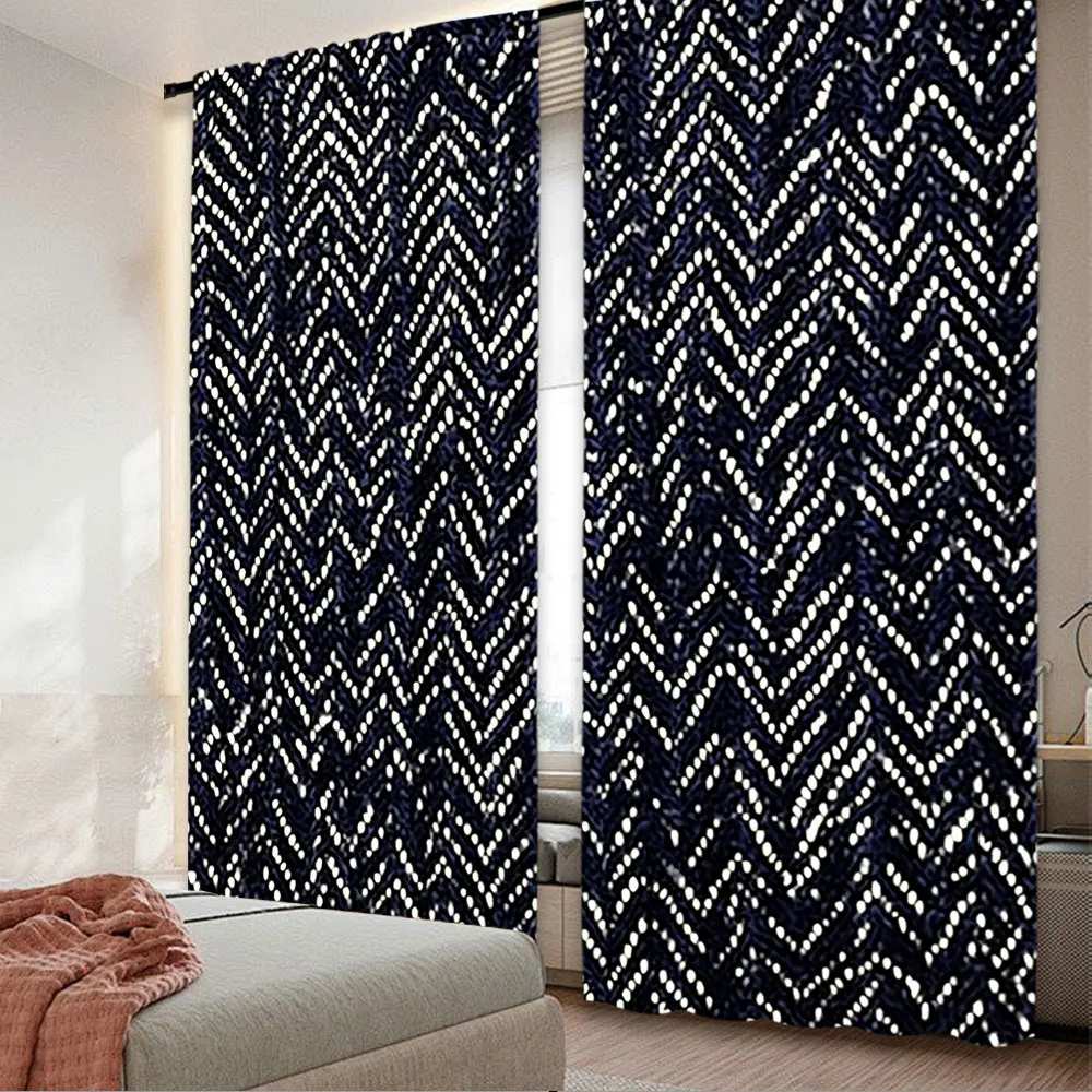 2Pcs Navy Curtain Retro Jeans Chevron Zigzag Strokes Denim Curtains Suitable For Living Room Bedroom Kitchen And Bathroom