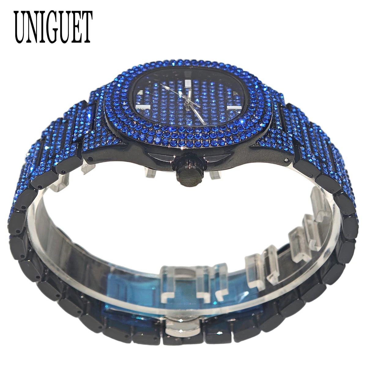 Hip Hop Blue Diamond Watches For Man Fashion Brand UNIGUET Luxury Ice Bling Bling Classic Wristwatch Men reloj hombre
