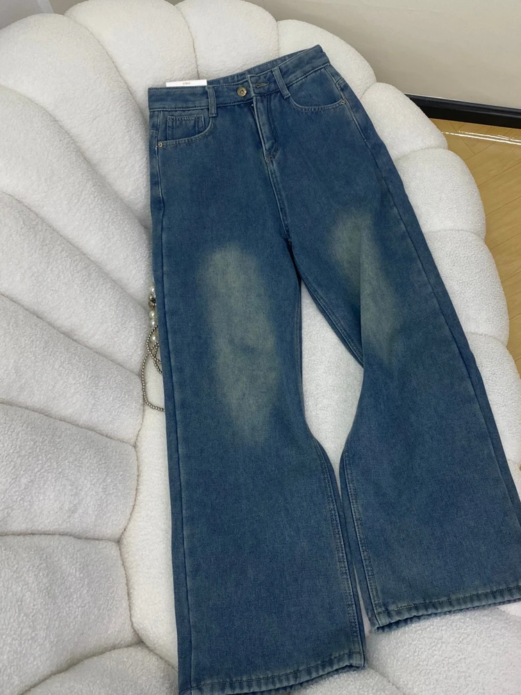 新しい秋冬厚手のデニムパンツ女性のための韓国スタイルのファッションハイウエストストレートジーンズシックなルーズ暖かいズボン