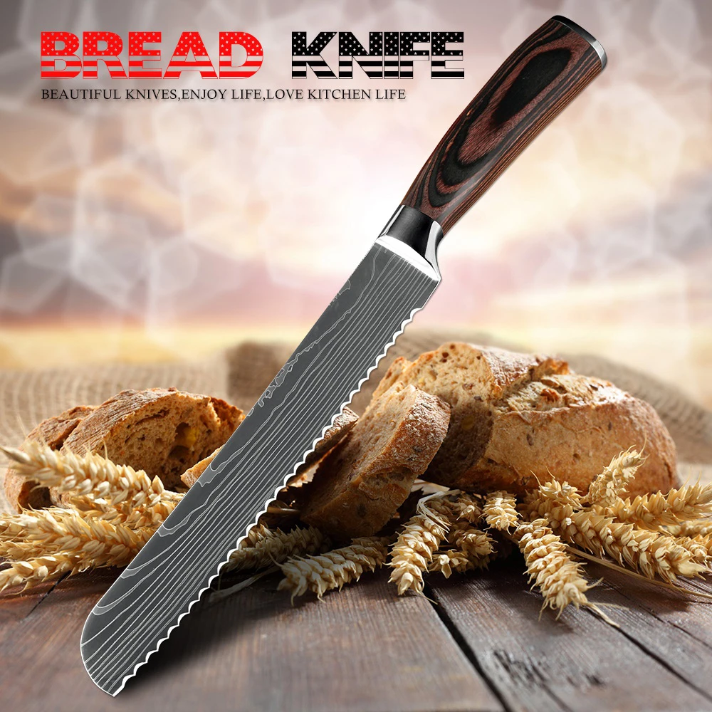 XITUO Kitchen Bread Knife Serrated Design Laser Damascus Stainless Steel Blade 8 inch Chef Knives Bread Cheese Cake Tool