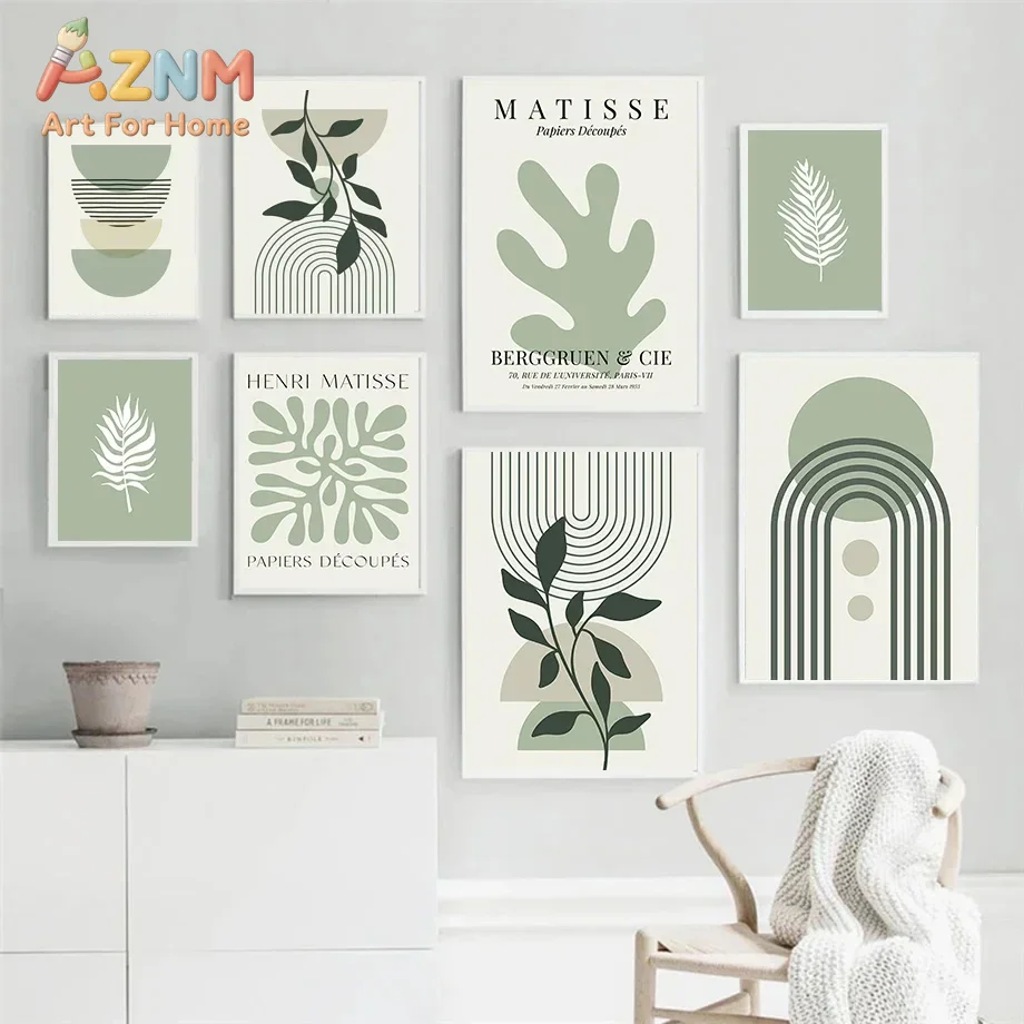 Abstract Matisse Sage Green Leaf  Geometry Canvas Art Poster for Living Room Wall Decor