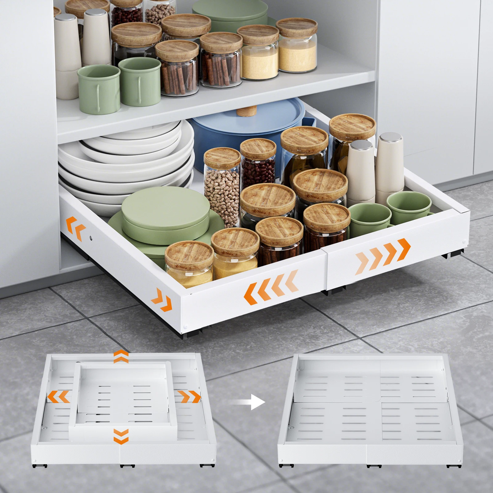 Étagère de rangement de cuisine coulissante, organisateur de placard sans perçage, tiroirs extensibles pour armoire de cuisine, garde-manger, salle de bain