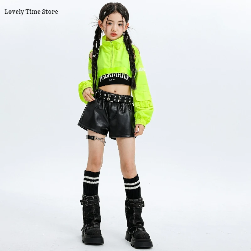 Girls K-pop Off Shoulder Crop Top Street Dance Shorts Kids Hip Hop Jazz Hot Pants Clothes Sets Children Girl Group Streetwear