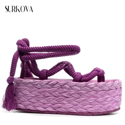 Solid Color Woven Straps Espadrilles Flat Platform Ladies Shoes Boho Flip Flops Sandals Women's Summer Fashion Vacation Sandals