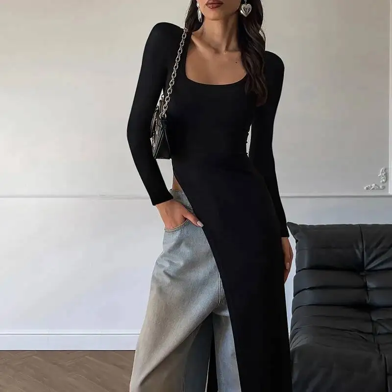 

2026 Spring New Women's Dress Fashionable Unique U Neck Slim Fit Split Hem Long Sleeve Dress