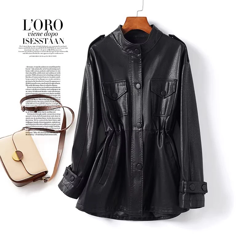 New Women Casual Split Leather Short Coat Spring Autumn Fashion Stand Collar Drawstring Adjustable Waist Loose Jacket Female