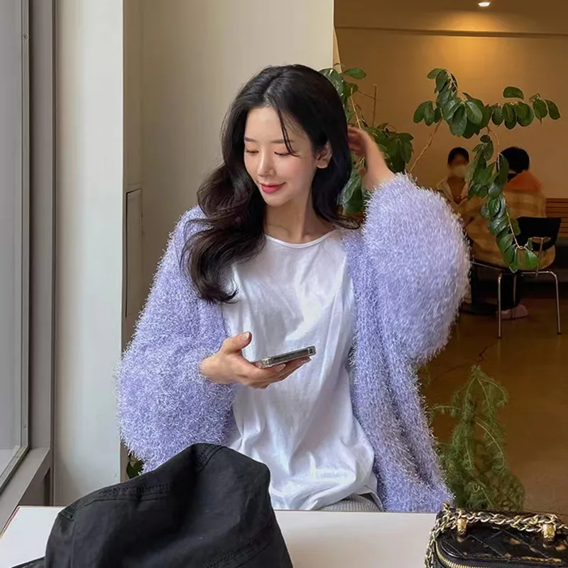 لون نقي V-Ne المتضخم رقيق سترة مشغولة من الصوف معطف المرأة ربيع الخريف الشتاء Faion ملابس خارجية مريحة غير رسمية #2