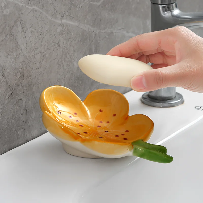 Cute Ceramic Soap Dish High Aesthetic Value Home Sink Organizer Creative Drain Detergent Holder No Punching Shelf