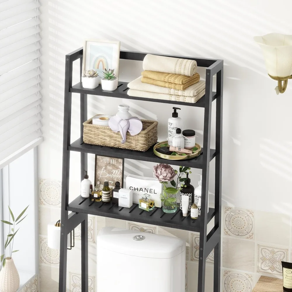 Storage space above toilet, wooden 3 tier bathroom freestanding space saver organizer with toilet paper holder and hooks