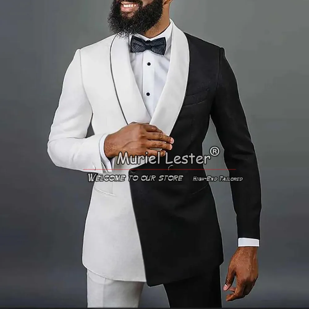 

Elegant Men's Suit For Wedding White Black Splicing Groom Tuxeods Custom Made Double Breasted Jacket Pants 2 Pieces Male Clothes