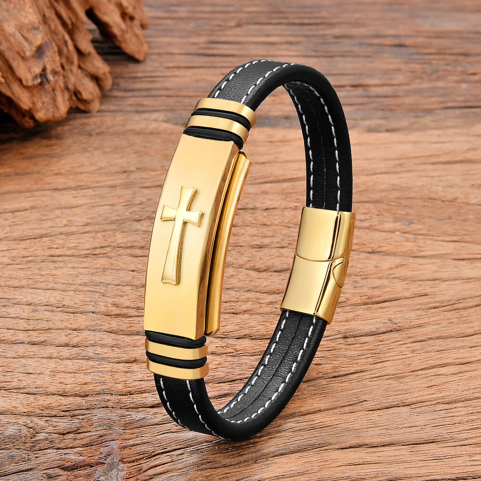 Black Gold Plated Cross Stainless Steel Bracelet for Men, Weaving Leather Chain Jewelry Accessory, Punk Bracelets, High Quality