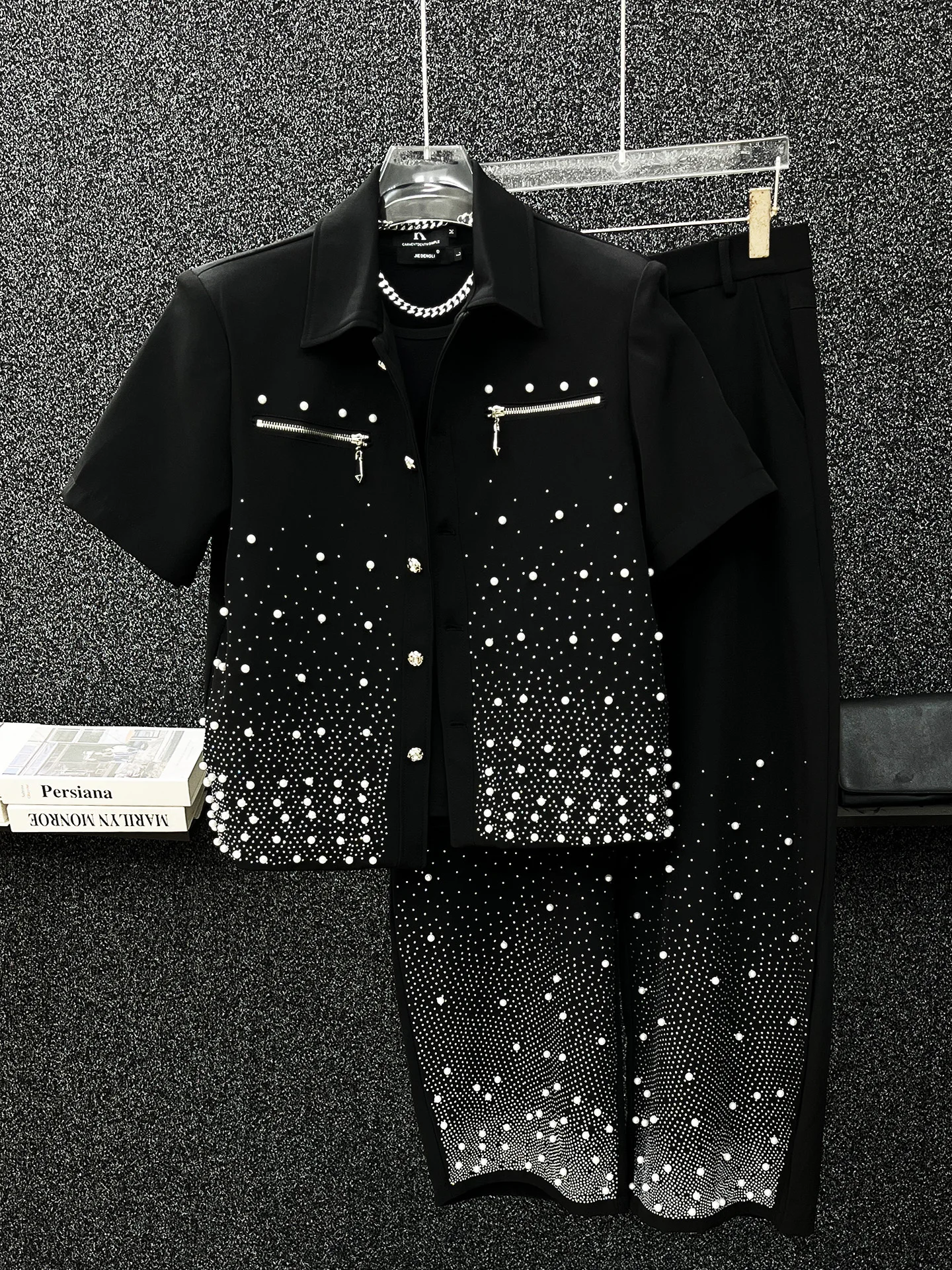 Summer New 2025 Pearl Short Sleeve Jacket Two-piece Fashion Trendy Men Gypsy Heavy Industry Hot Diamond Wide Leg Pants Set