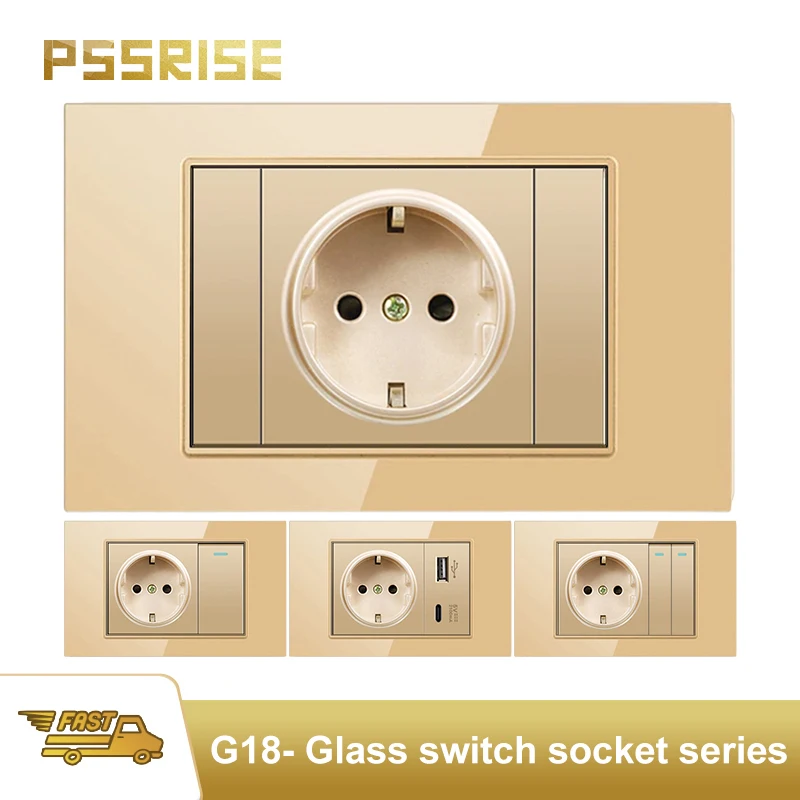 

PSSRISE EU Italy Standard Wall socket 5V 2.1A USB Type-c charger Power socket glass Panel Light switch TV Phone Computer socket