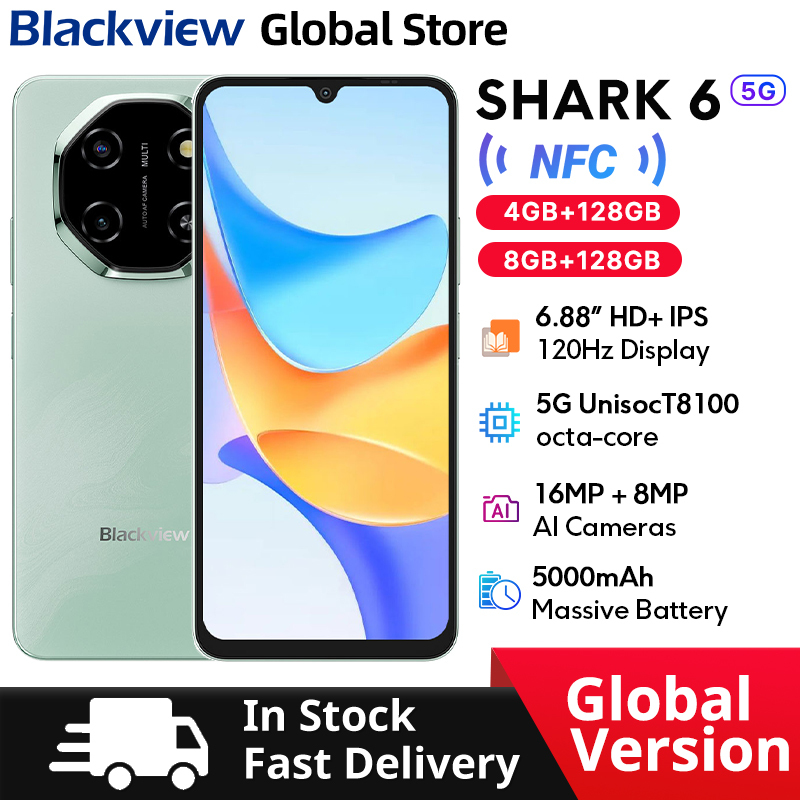  New Blackview Shark 6 Smartphone 5G 6.88-inch HD+ IPS 120Hz Display NFC 5000mAh Unisoc T8100 CPU 8GB 128GB  Android 15 Cellphone 