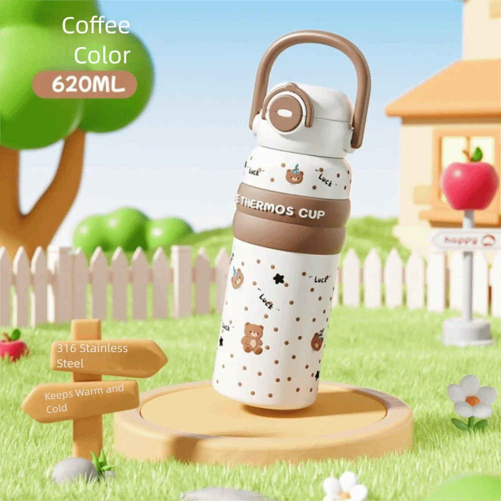 

620ml Insulated Cup Large Capacity Double Drink Cartoon Straw Cups with Handle Heat and Cold Insulation Water Bottle Accessories