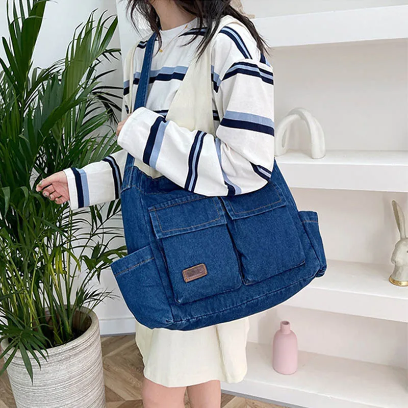 Denim Unisex Retro Jean Large Capacity Multiple Pockets Blue Messenger Crossbody Bag Handbag Letter Shoulder Shopper Women Purse