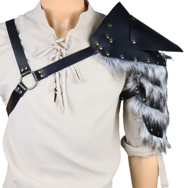 EagleKu Medieval Fur Cape Shawl Gladiator Leather Shoulder Armor Viking Knight Warrior Pauldrons Renaissance Cosplay Costume