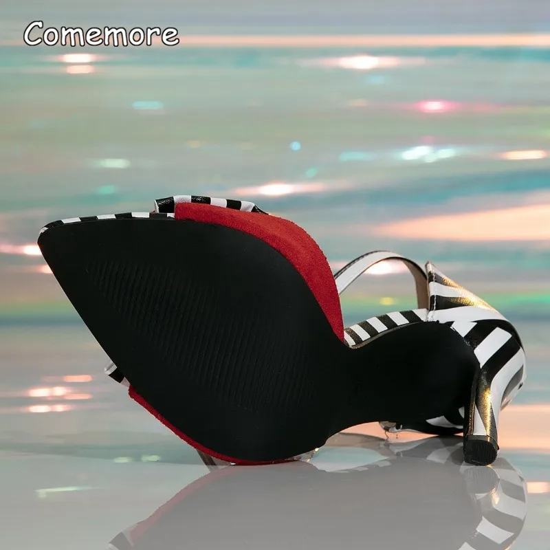 Black White Striped Stiletto Sandals Red Bow Pointed Toe Ankle Strap High Heels Color Block Ladies Party Pumps Fashion Tacones view 6