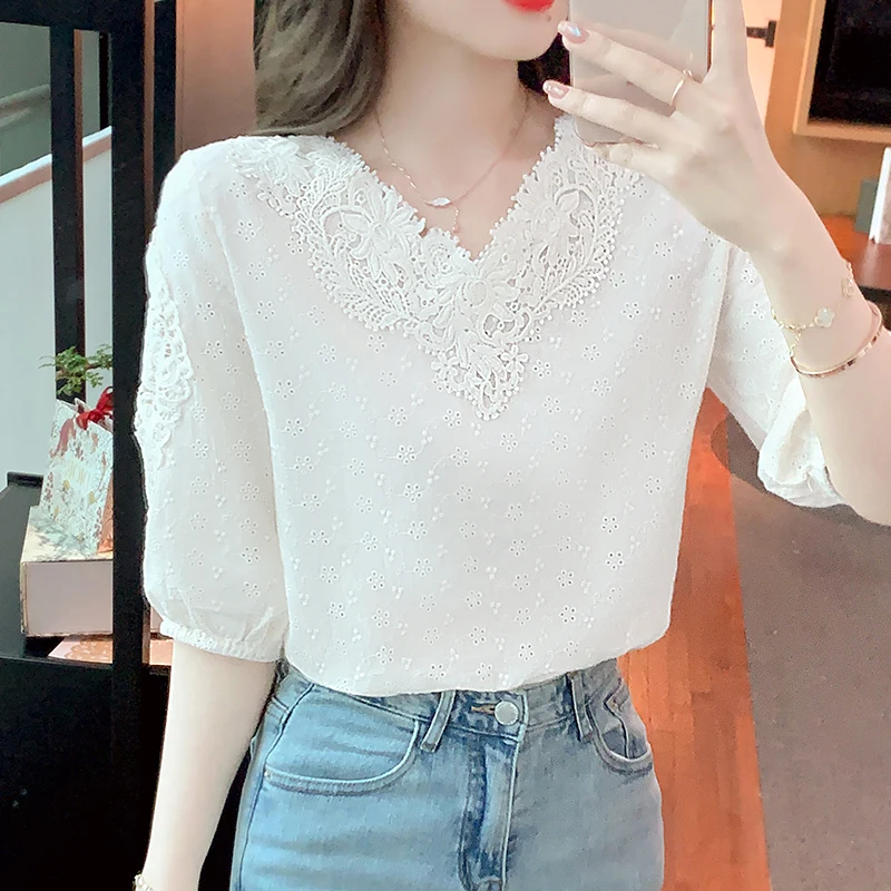 Casual Süße Kurzarm Chiffon Hemd 2023 Mode Nähte V-ausschnitt Weiß Tops Sommer Hohl Feste Dünne Spitze Bluse Dame 21880