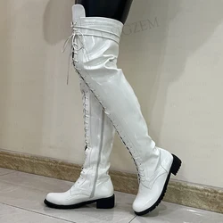 LAIGZEM Women Over Knee Boots Lace Up Round Toe Mid Thick Heels Boots Side Zip Handmade Unisex Shoes Woman Big Size 33 41 46 50