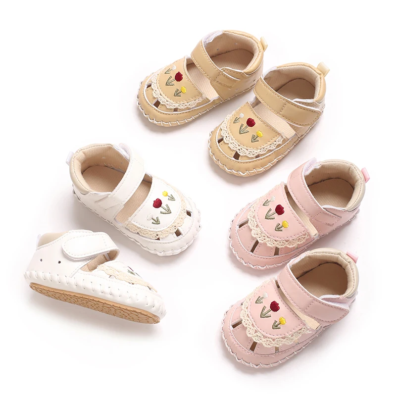 VALEN SINA Embroidered Flowers Toddler First Walker Baby Crib Baby Summer Sandals Infant Girl Shoes Rubber Soft Sole Non-Slip