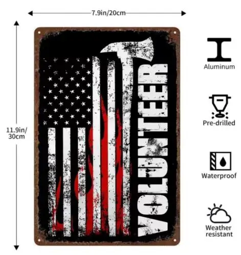 FIREFIGHTER VOLUNTEER METAL TIN SIGN FIREFIGHTER AMERICAN FLAG MAN CAVE WALL ART