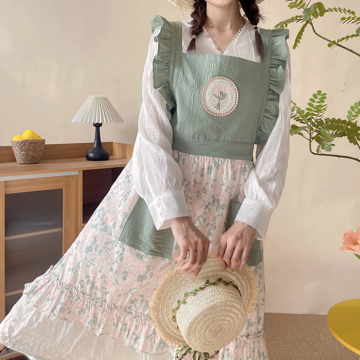 مريلة من القطن على طراز الأميرة الحلوة مع جيب للخصر ومريلة متقاطعة مضادة للبقع وغطاء رفيع H1