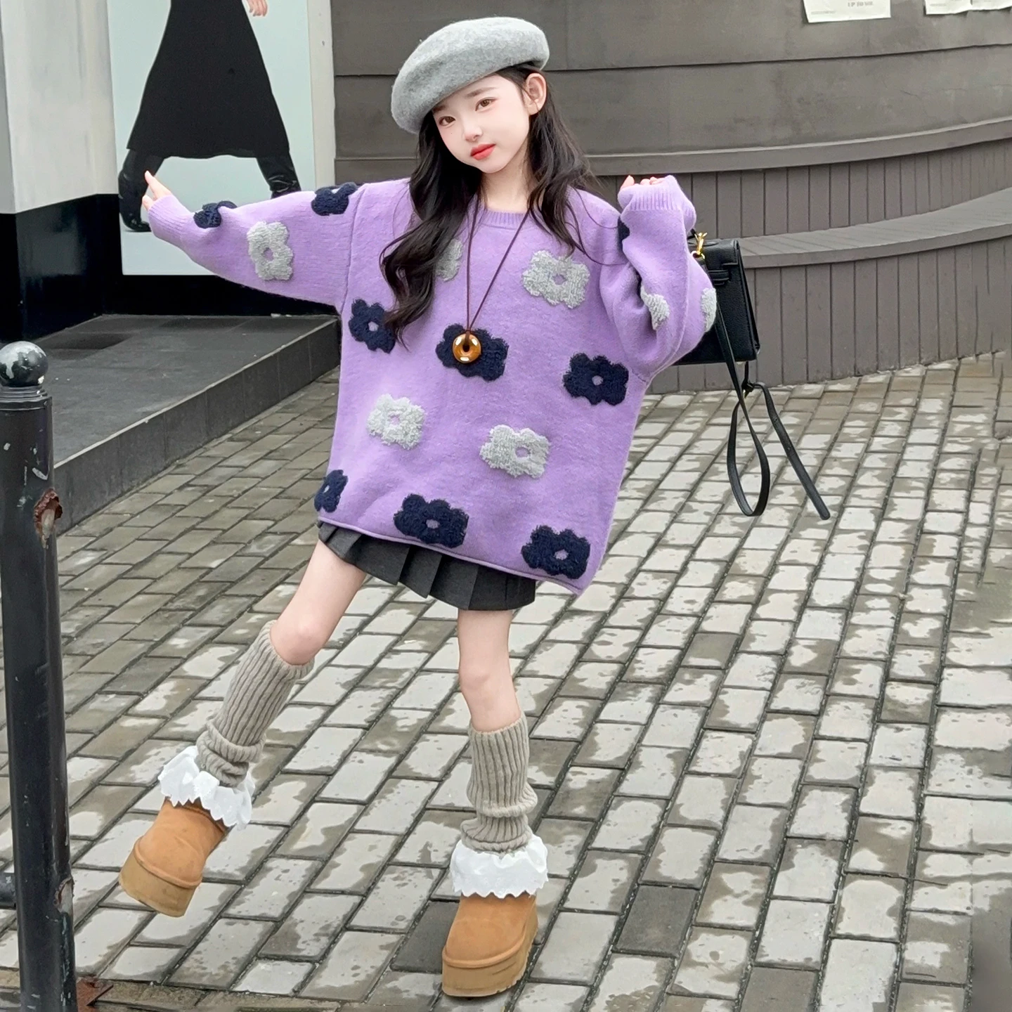 Winter Girls Sweaters Thicken Knitwear Long Tops Teenage 5-14Year Old Girl Child Purple Flowers Knit Coat Loose Sweater Outwear